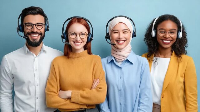 Helpdesk Harmony: a group of customer support agents radiate approachability and professionalism, adorned with headsets, united in their commitment to customer service.