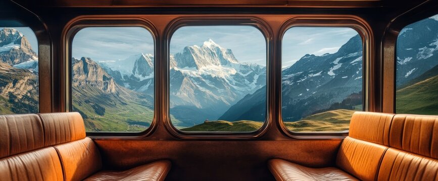 Luxury train interior with panoramic window view of snow-capped mountains and green valleys