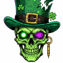 St Patricks Day leprechaun cartoon character illustration with a fun green hat and black magic tattoo face