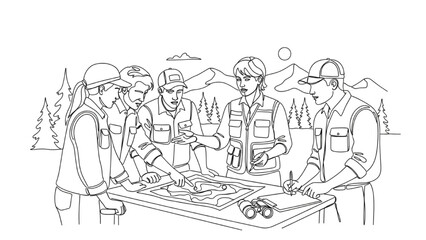 High-Quality Black Continuous Line Art of Natural Resource Manager Coordinating Conservation Team Outdoors