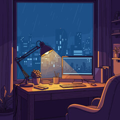 Rainy Night Serenity Home Office Desk with City Skyline View