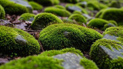 Beautiful Bright Green moss grown up cover the rough stones and on the floor in the forest. Show with macro view