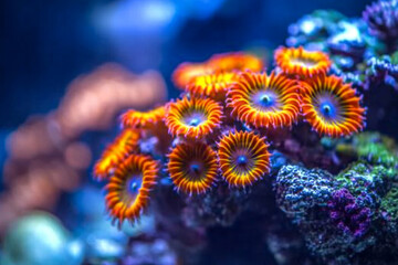 Bright orange and red coral polyps feeding in tropical waters