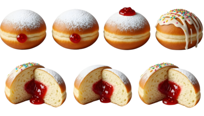 Sufganiyot assortment whole and cut with jam filling on trasparent background