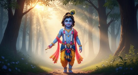 Krishna in Vrindavan. Morning Mist Glow. Devotional 4K Art.