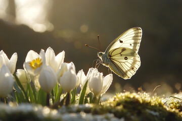 butterfly emerging from cocoon, landing on the first blooming flowers as frost disappears