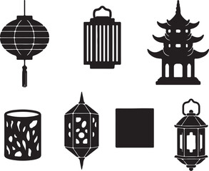 Collection of traditional Asian lanterns and pagoda silhouette icons perfect for cultural and festive designs