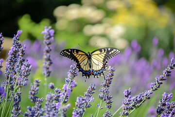 butterfly garden within lavender field, where monarchs and swallowtails dance among the blossoms