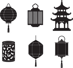 Collection of traditional Asian lanterns and pagoda silhouette perfect for cultural and festive decorations ideal for celebrating Lunar New Year and other Asian festivals