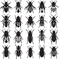 Naklejka premium Collection of various insect silhouettes including bees and beetles isolated on transparent background for design and educational purposes