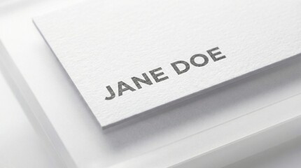 Close up view of embossed name Jane Doe printed on textured white card