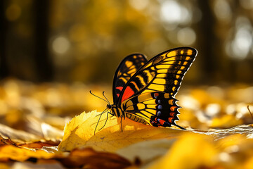 butterfly resting on golden leaf as it drifts toward the ground