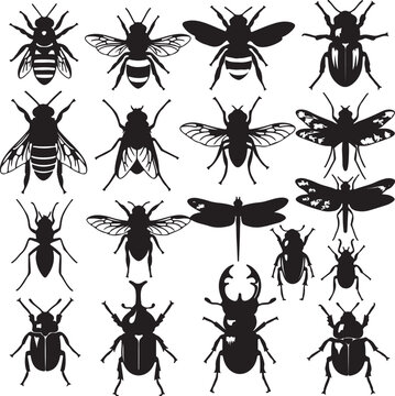 Collection of various insect silhouettes including bees flies and beetles isolated on a transparent background for design and illustration purposes