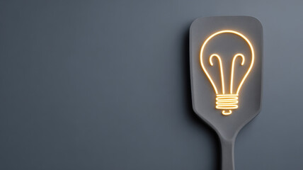 innovation insight silicone spatula flipping a glowing idea icon, metaphor for creative turnaround