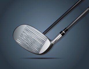 Close-up of a stainless steel golf club and ball isolated on white