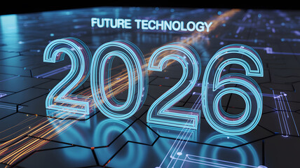 Futuristic Neon Blue 2026 Text on a Dark Digital Circuit Board Background