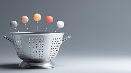 strategic sorting colander separating low-value icons from rising ones, minimal conceptual