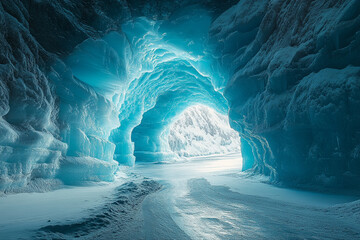 Cavernous Ice Tunnel Carved by Time A surreal ice tunnel, where shades of blue swirl in an endless frozen corridor