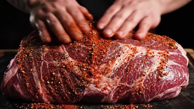 Hands skillfully massage a blend of spices into a large pork roast, infusing it with flavor in a warm, inviting kitchen. The aroma fills the air as preparation comes alive.