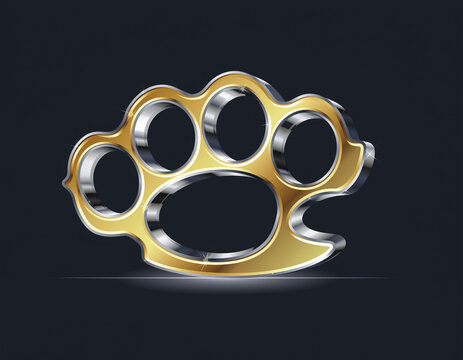 A gold and silver metallic knuckle duster illustration against a dark background