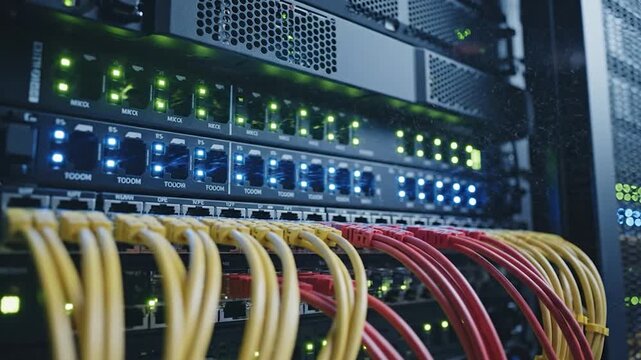 Network server room with multiple cables and switches