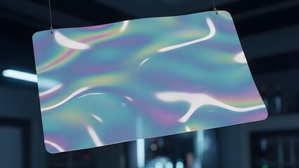 Naklejka premium Holographic iridescent panel with wavy abstract colors hanging in a dimly lit modern interior.