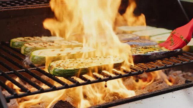 Watch as juicy zucchinis and colorful vegetables sizzle on the grill, infused with spices and flavors, creating a mouthwatering backyard feast filled with warmth and delight.