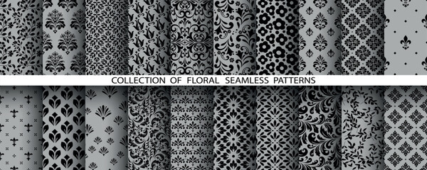 Geometric floral set of seamless patterns. Gray and black vector backgrounds. Damask graphic ornaments