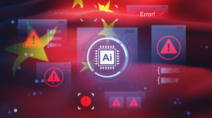 AI system error warning concept with digital interface and chip symbol surrounded by alert icons and code on red abstract background with flag motif.