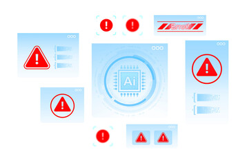 Futuristic AI system error warning interface with red exclamation marks and digital tech alerts on a light blue background in a creative concept layout. 3D Rendering