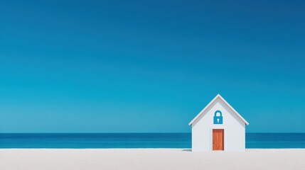 Vacation home insurance, A minimalist beach scene featuring a white house with a lock symbol, set against a clear blue sky and calm ocean.