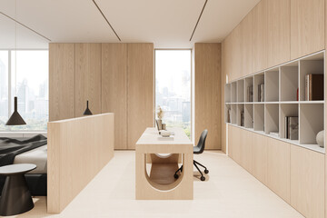 Modern minimalist home office interior with light wood furniture and large window overlooking cityscape in elegant natural design concept. 3D Rendering