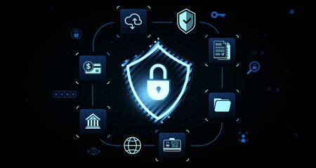 Cybersecurity data protection concept with glowing lock shield and digital icons on dark blur background, symbolizing secure digital network system. 3D Rendering