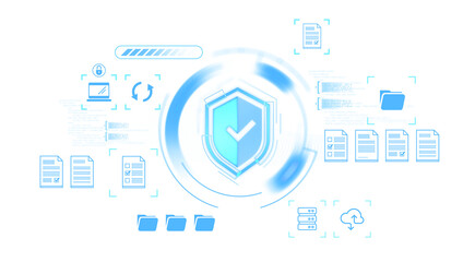 Naklejka premium Digital cybersecurity shield concept with document icons and cloud storage symbols on futuristic blur tech background for secure data protection. 3D Rendering