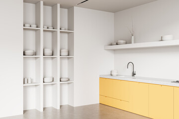 Modern minimalist kitchen interior with yellow cabinets, white shelves, and ceramic decor in soft neutral tones on white background. 3D Rendering. 3D Rendering