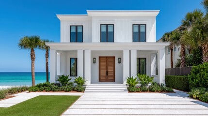 Vacation home insurance, A modern beachfront house with a light exterior, palm trees, and a clean landscape, featuring a spacious entrance and large windows.
