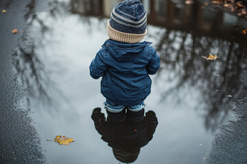 child playing near puddle, their reflection looking like an imaginary friend