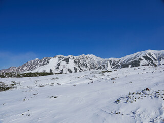 冬の観光名所立山黒部アルペンルートの室堂山頂の初雪の美しい景色