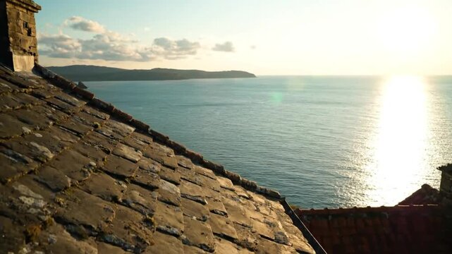 Scenic rooftop view of ocean horizon at sunset with vibrant orange geranium flowers and gentle wind movement