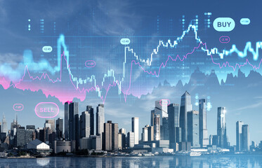 Holographic forex and crypto trading charts over Manhattan skyline in NYC illustrating financial market concept with buy and sell indicators in USA.