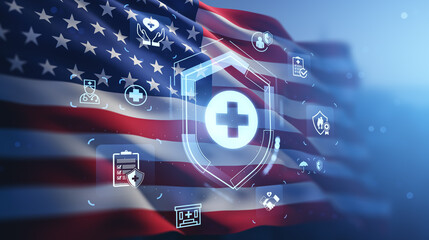 American healthcare concept with medical protection symbols digitally overlaying a waving USA flag on a modern blue background with technology theme.