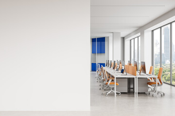 Modern open office interior with empty white wall for poster mockup or design layout concept in a corporate workplace with panoramic windows. 3D Rendering