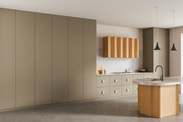 Modern kitchen interior design with minimalist beige cabinets, wood accents, and concrete island in neutral tones, showcasing stylish contemporary look. 3D Rendering