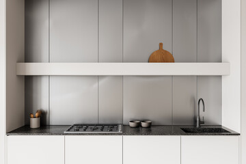 Modern minimalist kitchen interior with sleek white cabinetry, metallic backsplash, and dark countertops in a clean, contemporary design concept. 3D Rendering