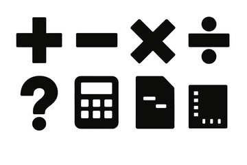 Obraz premium Mathematics silhouette icon set. featuring addition, subtraction, multiplication, division, calculator, question mark, document, paper symbols