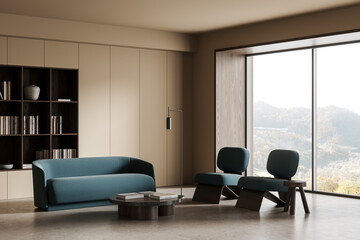 Modern minimalist interior design with blue furniture and panoramic window in cozy living room...