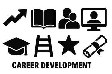 Career development silhouette icon set. featuring growth, book, networking, online meeting, graduation, ladder, achievement, and diploma