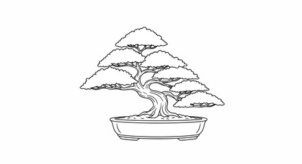 Bonsai Tree in Pot, Minimalist Line Drawing