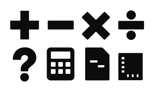 Mathematics silhouette icon set. featuring addition, subtraction, multiplication, division, calculator, question mark, document, paper symbols