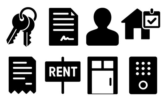 Real estate silhouette icon set. featuring keys, contract, person, house, document, rent sign, door, intercom panel